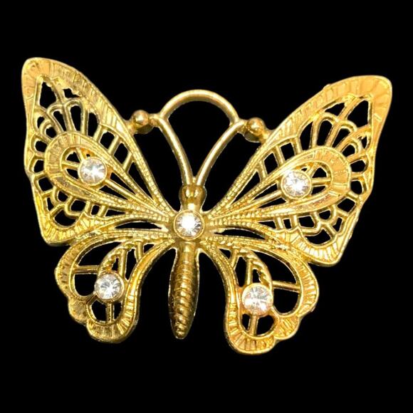 Vintage Butterfly Pendant Gold Tone Rhinestones - Picture 2 of 3